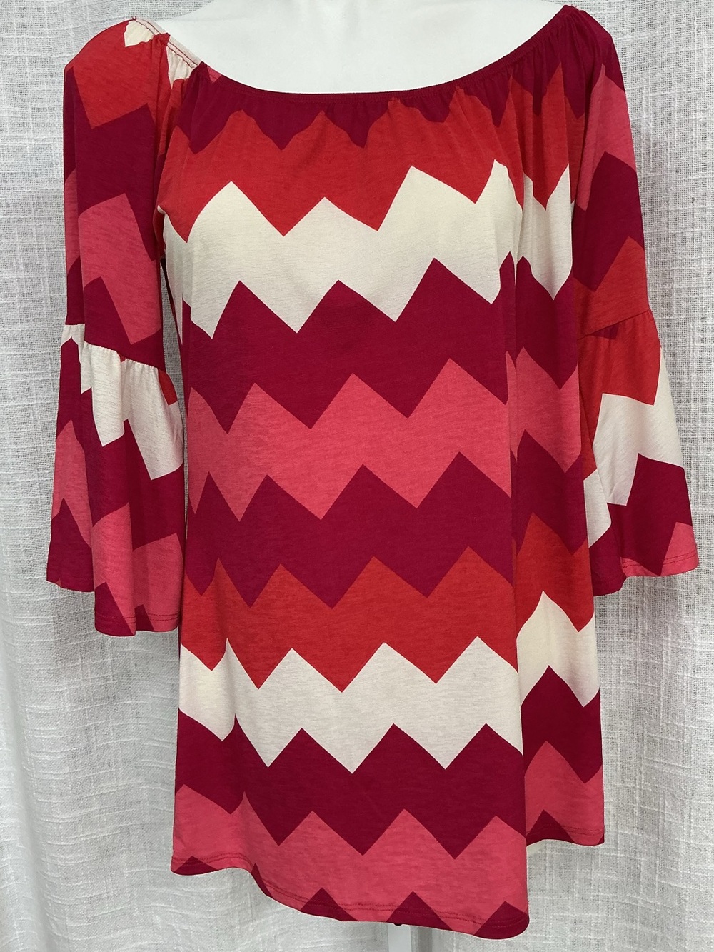 Voll Off-Shoulder Chevron Tunic/Dress in Red, Pink, Cream
